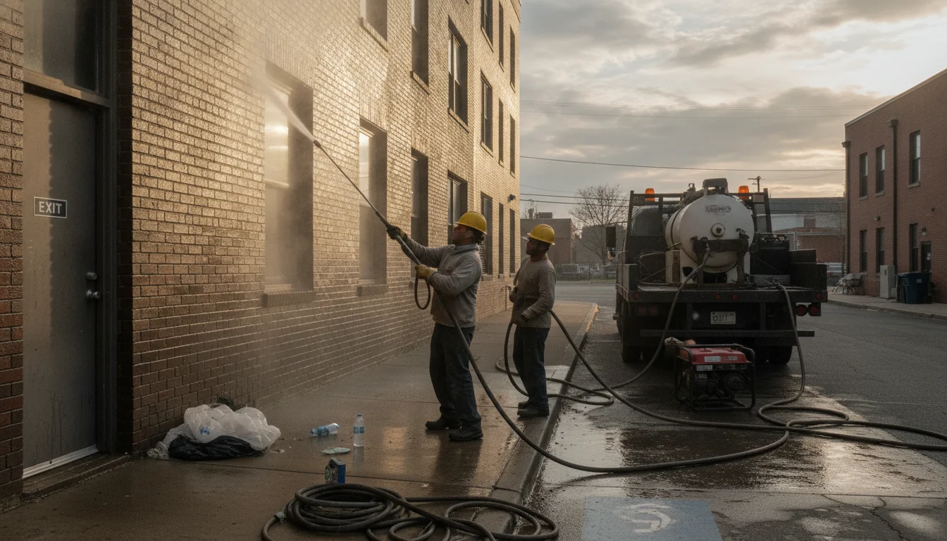 Hot-water pressure washing on a commercial exterior in Cape Coral with vents directed away from entrances