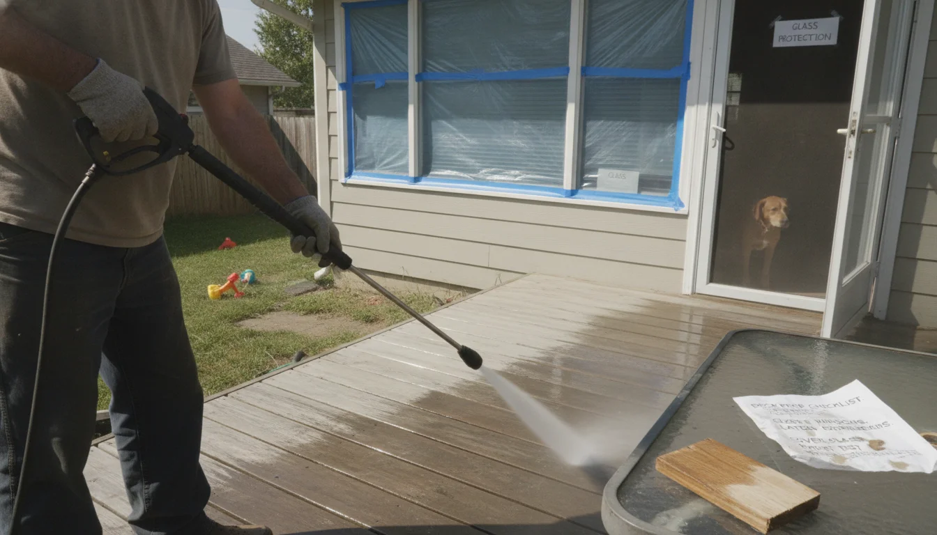 Avoid trapping heat under plastic; mask low glass; close windows; set doors to latch before washing the deck