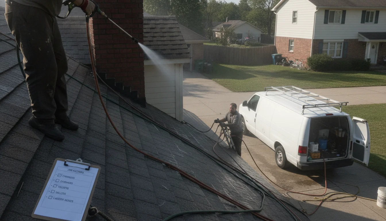 Setup needs add time and can change methods, like soft washing from the ground to reduce ladder use