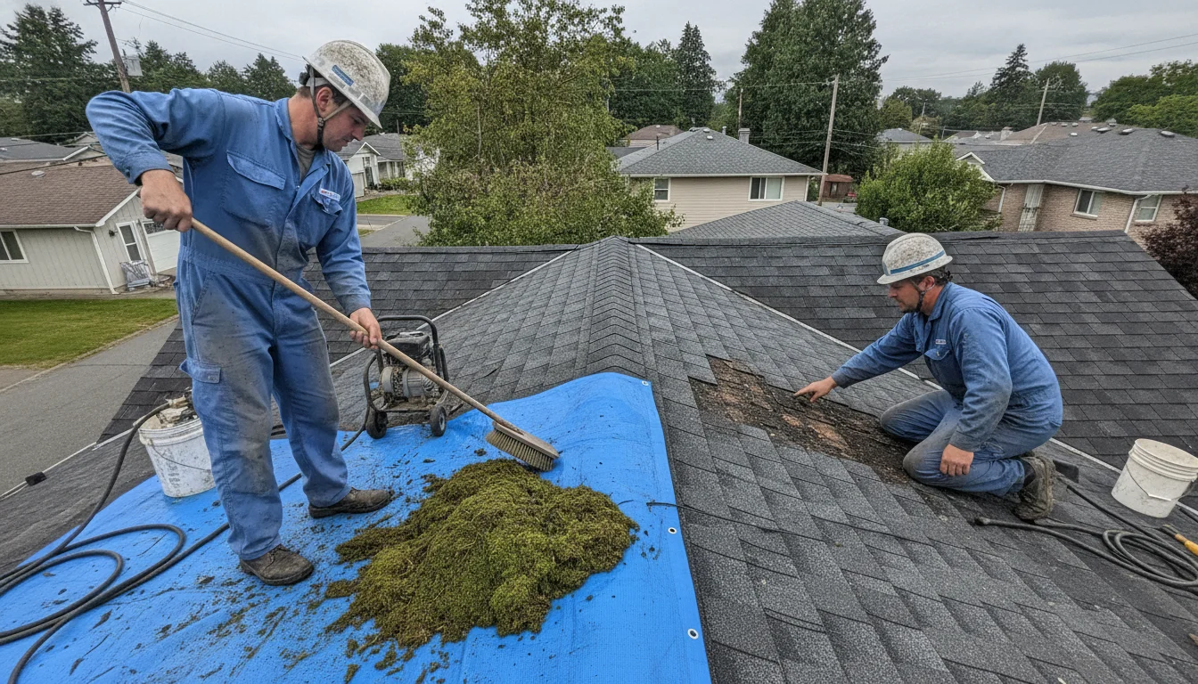 Professional image illustrating roof moss removal vs roof replacement in Cape Coral